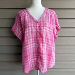 •J. Jill• Plaid Button Front Short Sleeve Blouse - Size Medium